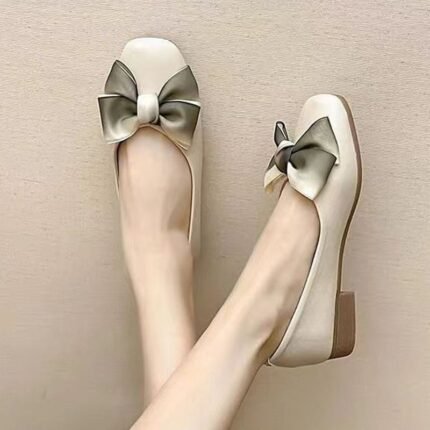 Elegant Square Toe, French style leather shoes with bow